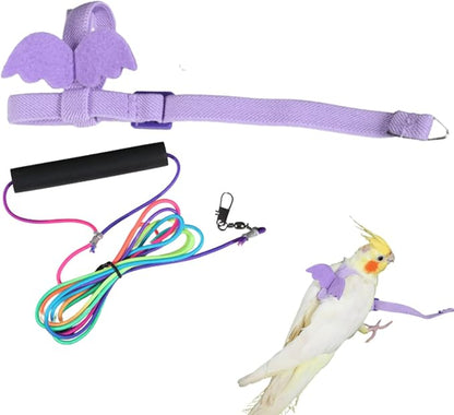 Pet Parrot Bird Harness and Leash, Adjustable Training Design Anti-Bite, Bird Nylon Rope with Cute Wing and Colorful Leash for Parrots Lovebird Cockatiel Conure Budgie (Purple with 236.2inch Leash,L)