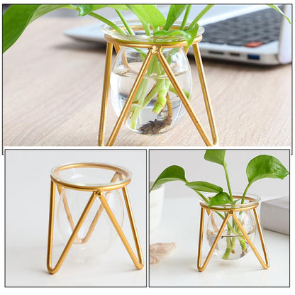 Toyvian Glass Plant Vase with Metal Stand, Decorative Bulb Terrarium Container for Succulents and Green Plants, Small Gold Indoor Hydroponic Planter for Home and Office Desk Decor