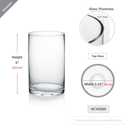 WGVI Quality Thick Clear Cylinder Glass Vase, 3" W x 5" H, Floral Container, Glass Candle Holder, Flower Vases, Wedding Centerpiece, Planter Terrarium, Table Top Home Décor Accent, 1 Piece