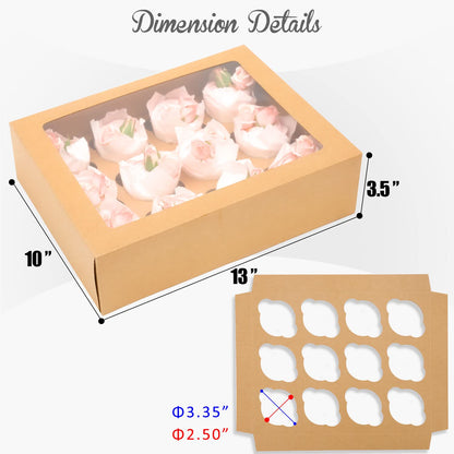 Bakepacker 12 Cupcake Containers 20-Packs Brown 12 Count Cupcake Boxes with Window Cupcakes Carrier, 13"x10"x3.5"（Auto-pop up）