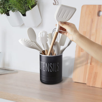 Bivvclaz Kitchen Utensil Holder, 6.7" Utensil Holder for Kitchen Counter, Cooking Utensil Crock with Cork Bottom, Modern Farmhouse Decor, Countertop Utensil Storage Organizer Caddy, Black