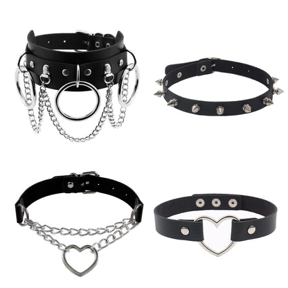 JHMAHON Halloween Sexy Women Lady Black Steampunk Gothic Goth Punk Rock Rivet Spike Studded Soft Leather Choker Collar Necklace Cosplay Night Club Party Costume Accessories Chocker Love Heart Jewelry