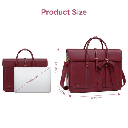 MOSISO Laptop Bag for Women, 15-15.6 inch PU Leather Laptop Shoulder Bags Convertible Backpack, 16 inch Messenger Bags Casual Handbag Work Briefcase Travel Computer Bag with Bowknot, Wine Red