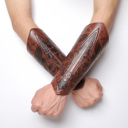 Medieval Leather Bracers for Men Embossed Sword Viking Leather Bracers Leather Arm Armer Archery Arm Guard Wristband Gauntlet Costumes Accessories 1 Pair