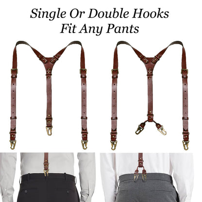 SILKSEA Leather Suspenders for Men Heavy Duty Y Back Adjustable Solid Brace Men's Big & Tall Suspenders for Dress Pants with Snap Clips Hooks, Brown