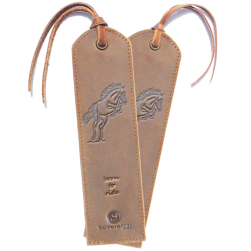 Leather Bookmarks for Men and Women | Quality Mens Bookmark with Jumping Horse | 2 Smooth Handmade Book Markers for Men Women Book Lovers Readers (7x2") Leather-Gift | Sovereign-Gear