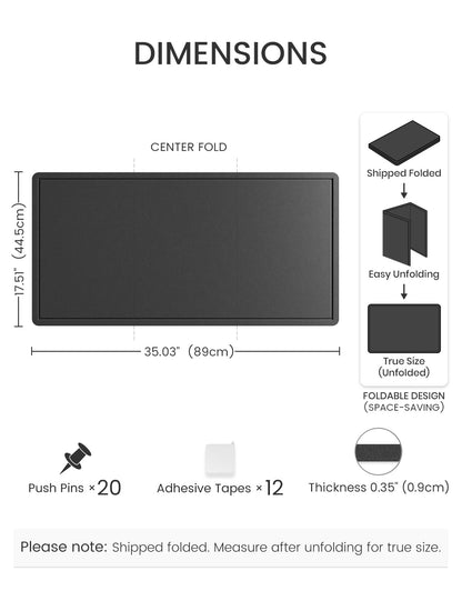 Fluxynara Bulletin Board, 35" x 17.5" Cork Board Alternative with 12 Safe Removable Adhesive Tabs, Foldable Felt Pin Board for Home Office, Classroom, Bedroom,Entryway for Walls—Black