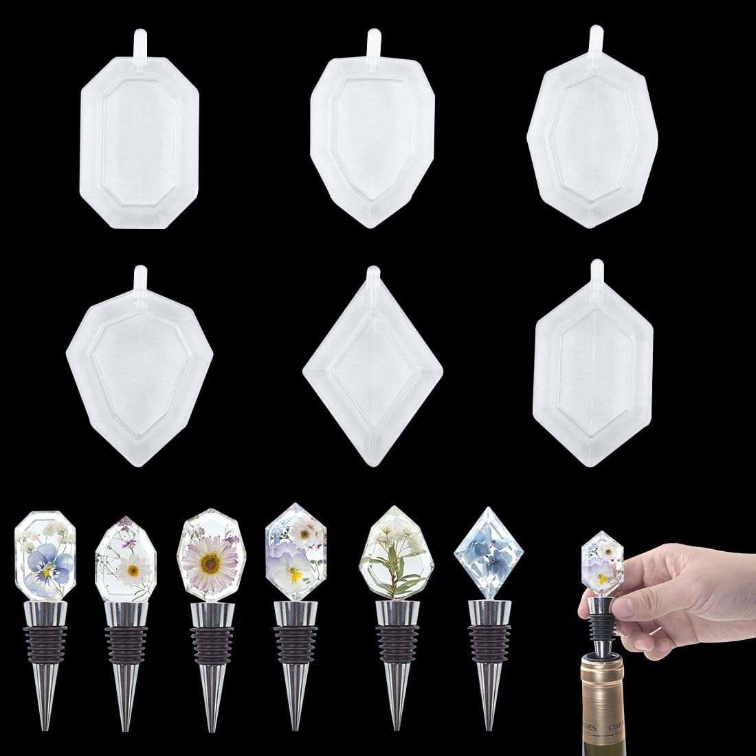 Voyyphixa 6PCS Bottle Stopper Resin Molds With 6 Stoppers, Crystals Geometric Spherical Silicone Molds for Epoxy Resin Casting DIY Crafts