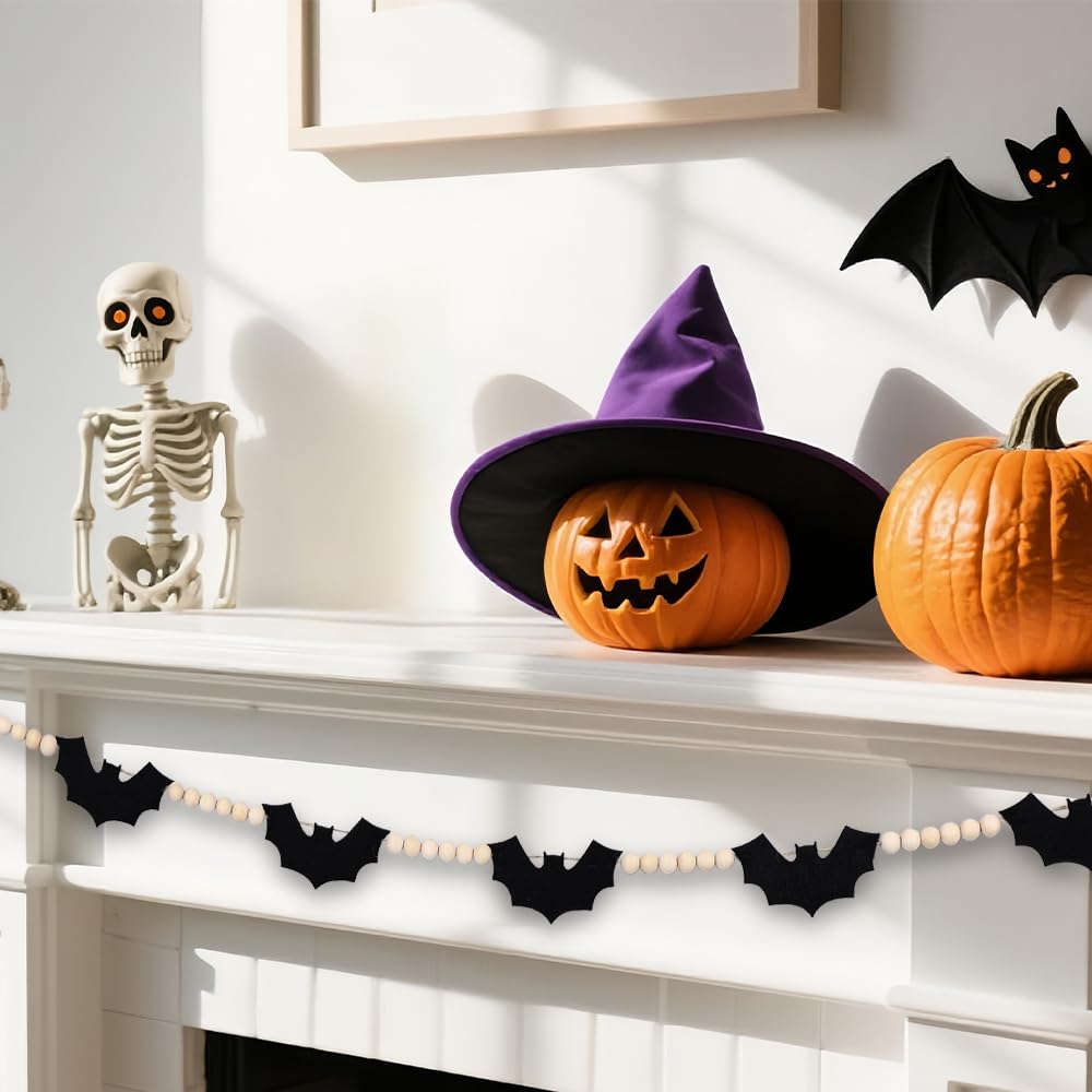 Vellibring 6.56Ft Halloween Garlands Decorations,Spooky Black Felt Bats Garland with Wooden Beads Halloween Adjustable Farmhouse Banner for Room Indoor Party Wall Fireplace Doorway Decor