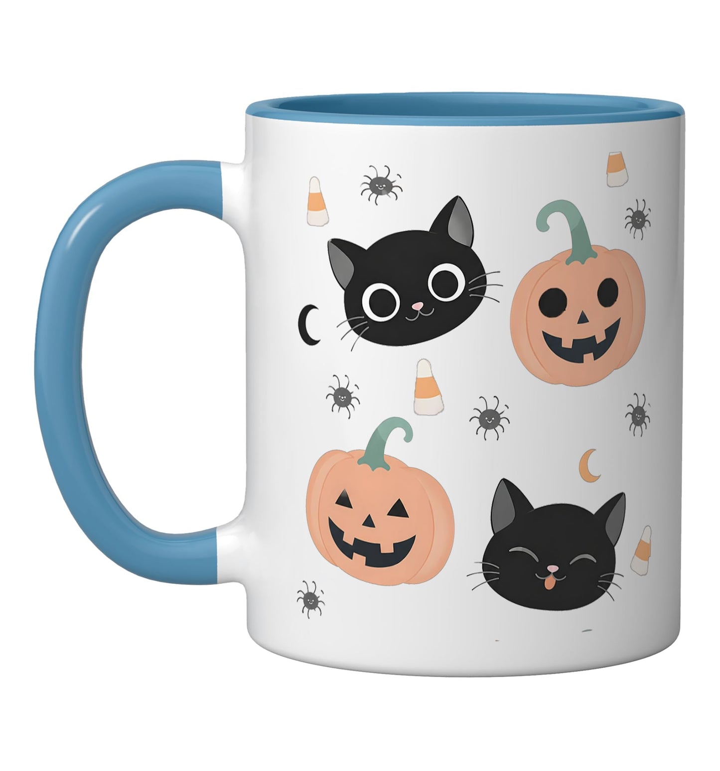 Halloween Cute Black Cat Jack-o-Lantern Candy Corn Pattern Ceramic Mug, Blue/White