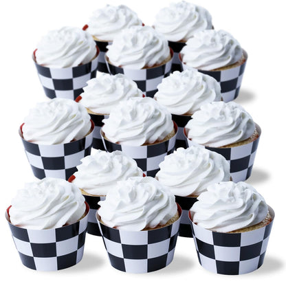 Race-Themed Checkered Cupcake Wrappers, Set of 42 - Red Checkered and Black and White Checker Pattern Cupcake Wrappers for Race Car Party Supplies by Pretty Cute Studios