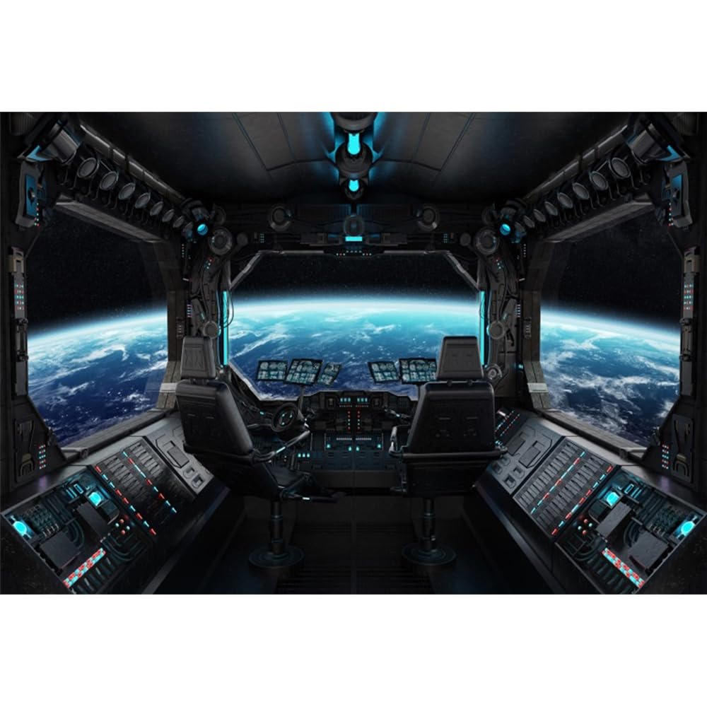 ZJRBJB 10x8ft Spaceship Station Interior Backdrop Outer Space Earth Futuristic Spacecraft Cabin Decorations Background Galaxy Universe Science Fiction Astronaut Adventure Birthday Banner Photo Booth