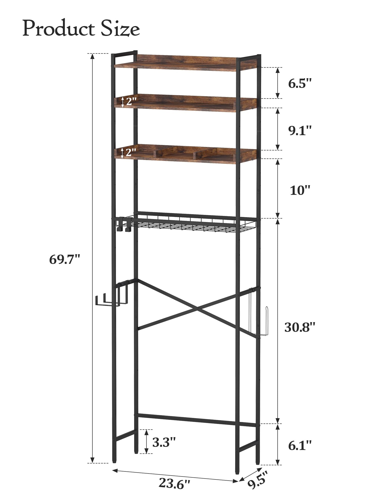 Quikraen 4 Tier Over The Toilet Storage Shelf with 3 Adjustable Shelves, Space Saver Bathroom Organizer with 4 Hooks, Freestanding Above Toilet Rack for Restroom Laundry (Brown)