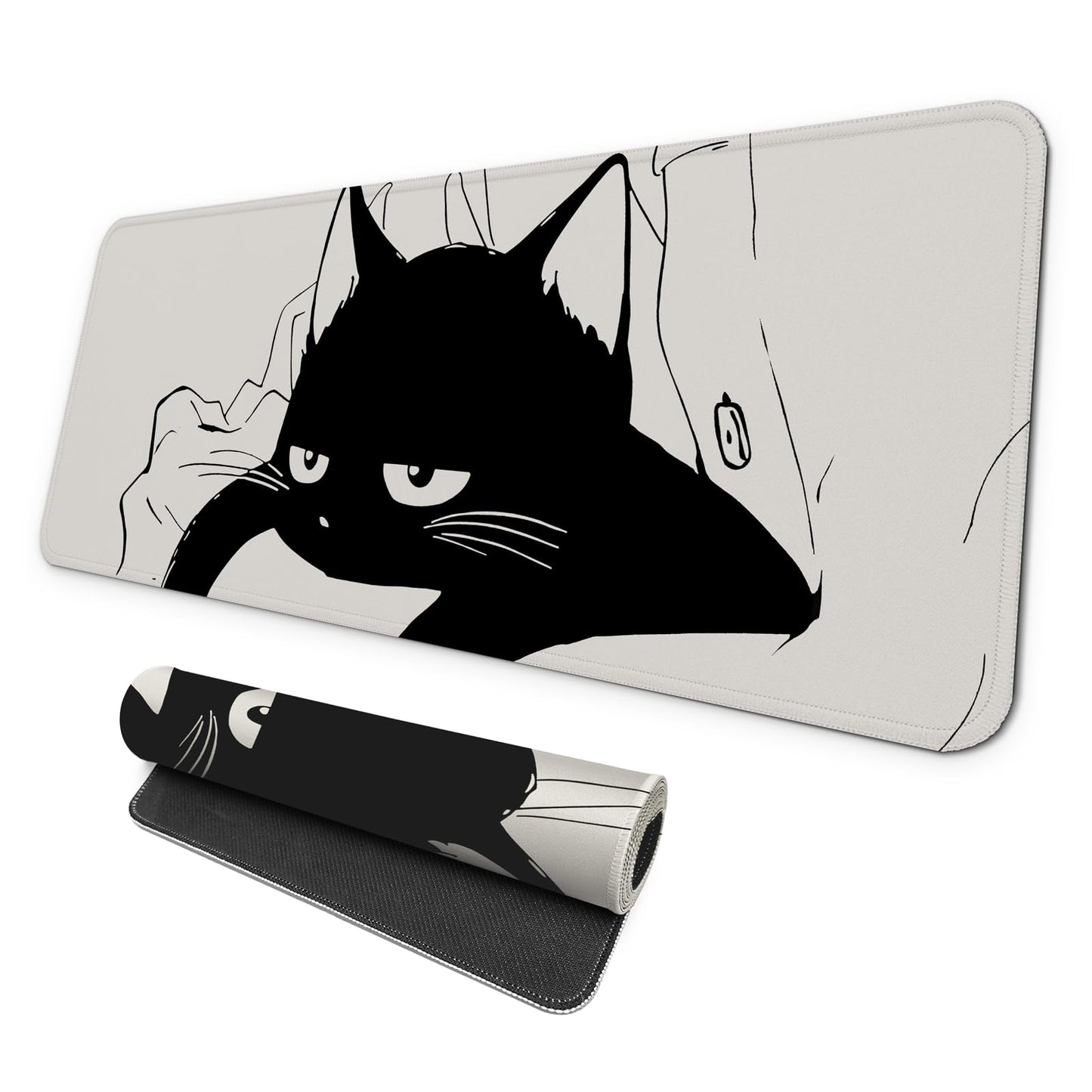 MAY FLOWER Large Gaming Mouse Pad, Full Keyboard Mat, Long Laptop Mousepad, Computer Mouse Mat for Home and Office, Anti-Slip Rubber Base, 31.5 x 11.8 Inches (Black Cat)