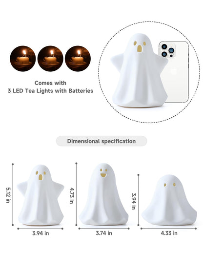 AOMOONOA Ceramic Ghosts Small White Ghost Figurine, 3PCS Light Up Ghost Decor, Small LED Ghost Halloween Decor Spooky Sculptures for Indoor Halloween Party Tabletop Home Shelf Decoration