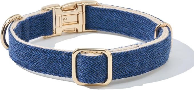 Luxury Soft Cotton Tweed Fabric Dog Collar & Leash Set with Gold Buckle – Durable Fabric, Stylish Design for Everyday Walks(Small Navy)