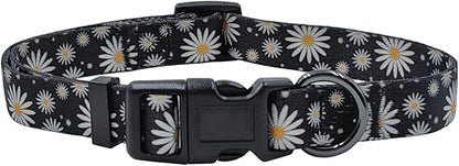 Dog Collar Leash Set, Floral Pattern, Polyester Material, Adjustable Collar and 5ft Matching Leash, for Large Dogs.(L, Black Daisy)