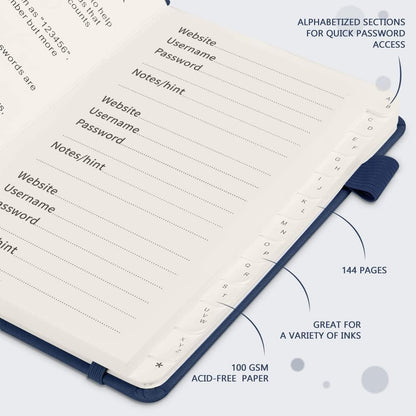 JUBTIC Password Book with Alphabetical Tabs Small Password Keeper with Inner Pocket Record Log in Internet Address Password Notebook Journal Hardcover Password Organizer for Home Office, Blue