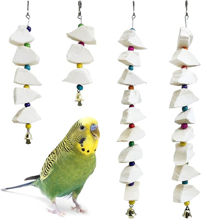 BNOSDM Bird Toys with Cuttlebone 4 Pack Hanging Cuttle Bone Chew Toys Natural Bird Beak Grinding Stone Parakeet Calcium Toys Bird Cage Accessories for Budgies Cockatiels Lovebirds Conures Parrots (9)
