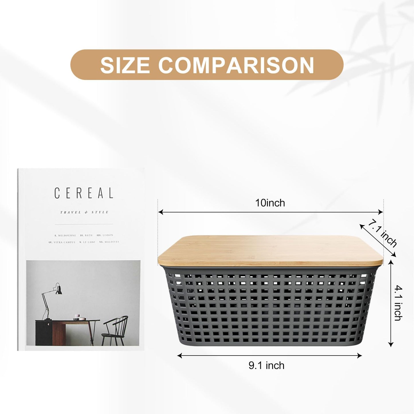 6Pcs Storage Bins with Lids, Stackable Plastic Storage Basket with Bamboo Lid, Pantry Organizer Box Small Containers for Organizing Shelves Drawer Desktop Closet Cabinet Office Classroom 10x7.1x4.1in