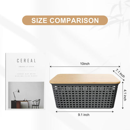 6Pcs Storage Bins with Lids, Stackable Plastic Storage Basket with Bamboo Lid, Pantry Organizer Box Small Containers for Organizing Shelves Drawer Desktop Closet Cabinet Office Classroom 10x7.1x4.1in