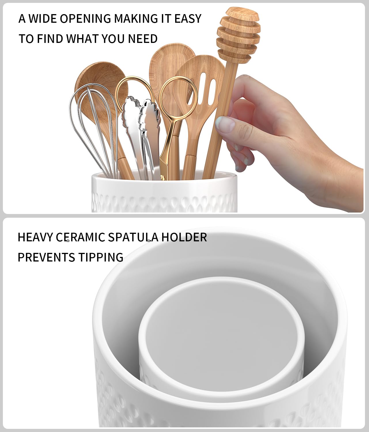 CLTIKACK Ceramic Utensil Caddy, Large Spatula Holder, 6.8 inch Cooking Utensil Holder for Kitchen Counter, Farmhouse Kitchen Decor for Silverware Spoon Crocks 2PCK