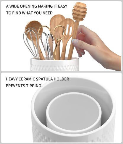 CLTIKACK Ceramic Utensil Caddy, Large Spatula Holder, 6.8 inch Cooking Utensil Holder for Kitchen Counter, Farmhouse Kitchen Decor for Silverware Spoon Crocks 2PCK