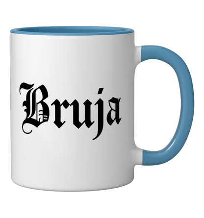 Bruja Gothic Script Latino Halloween Women Spooky Witch Ceramic Mug, Blue/White