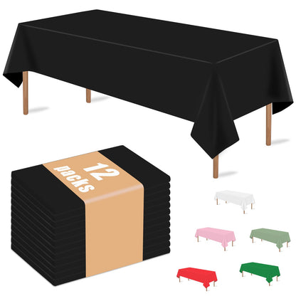 MRJ 12 Pack Black Plastic Tablecloths 54 x 108 Inch Disposable Rectangle Table Covers for Parties, Halloween and Birthdays Waterproof Bulk Table Cloths