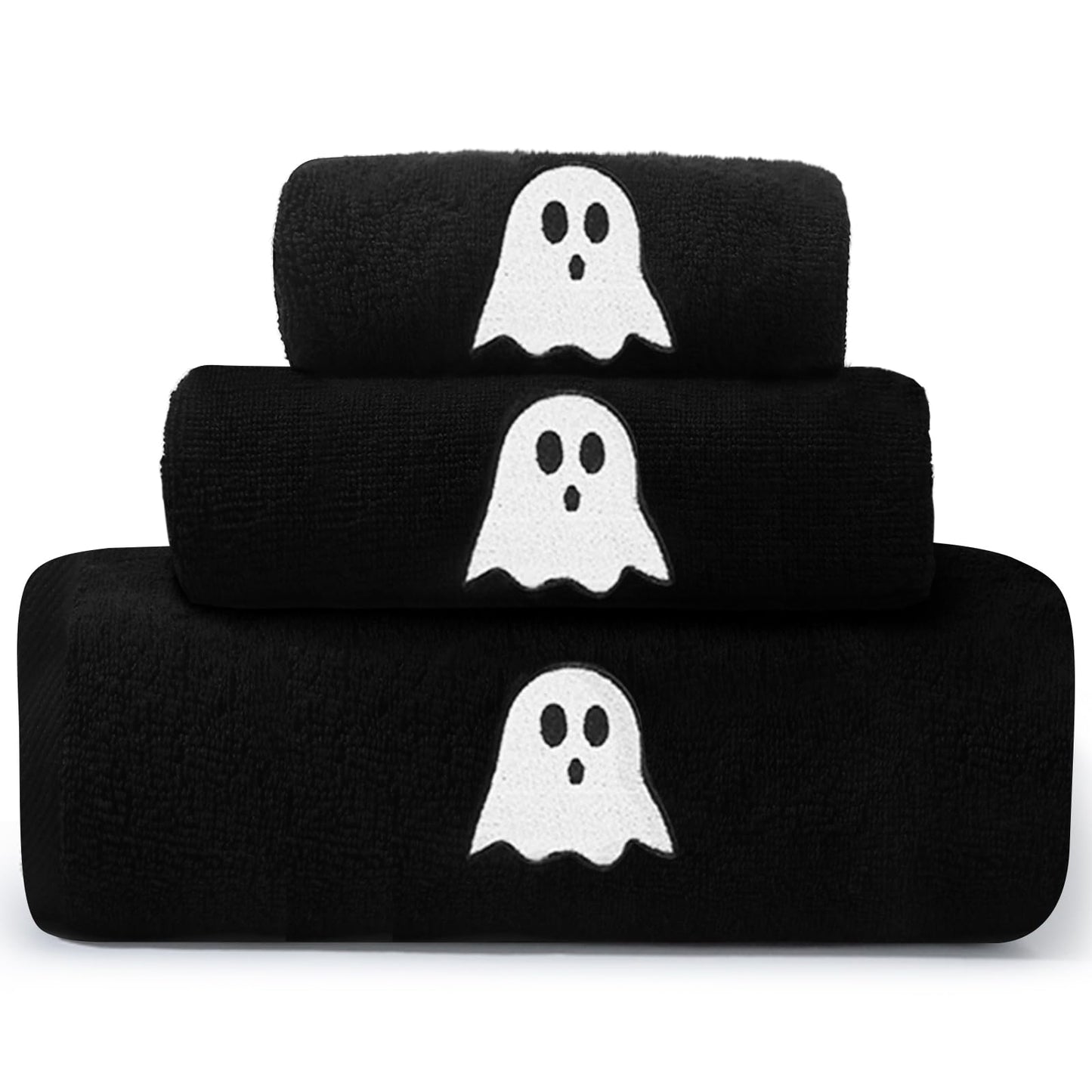 Peryiter 3 Pcs Beach Hand Towels for Bathroom Cotton Embroidered 1 Bath Towel 1 Hand Towel and 1 Wash Cloth Absorbent Bath Sheets for Bathroom Decor (Black,Halloween)