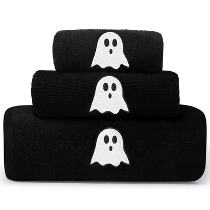 Peryiter 3 Pcs Beach Hand Towels for Bathroom Cotton Embroidered 1 Bath Towel 1 Hand Towel and 1 Wash Cloth Absorbent Bath Sheets for Bathroom Decor (Black,Halloween)