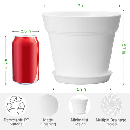 FHWTY 6 Pack 7in Plastic Plant Pots Black & 6 Pack 7in Plastic Plant Pots White