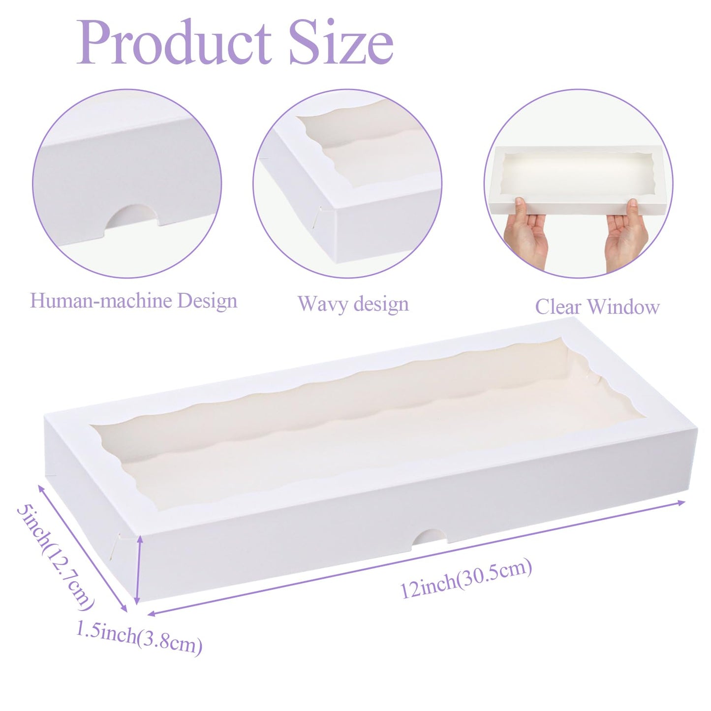 JCXGRVC 50pcs 12x5x1.5Inches White Bakery Boxes with Window Cookies Boxes Chocolate Truffle Boxes Macaron Boxes Cakesickle Boxes Browines Treat Boxes for Christmas Valentine's Easter Mother's Day
