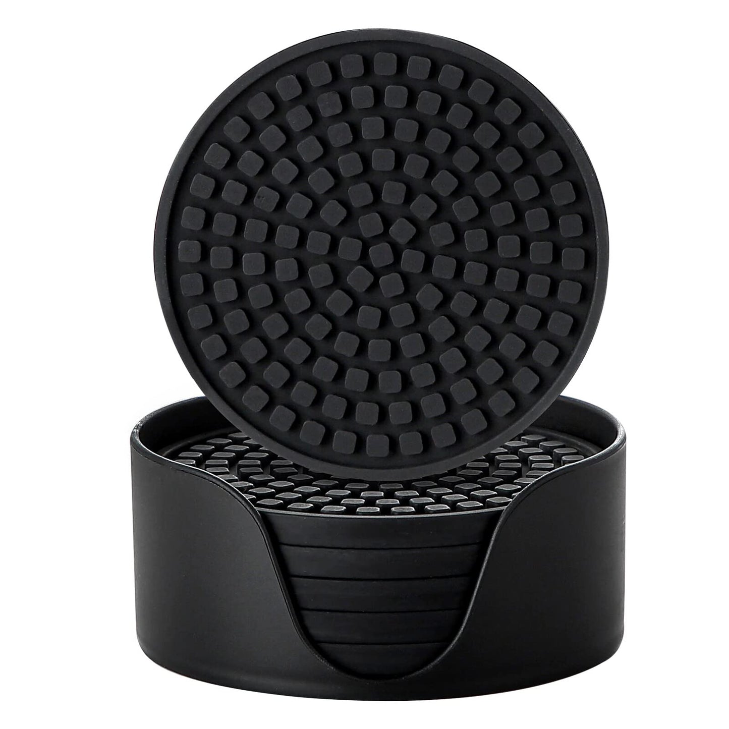 Colinda Silicone Drink Coasters with Holder, Set of 6, Outdoor Cup Mat for Hot or Cold Drinks, Thickened, Non-Slip,Non-Stick, Black