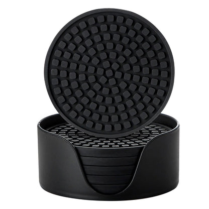 Colinda Silicone Drink Coasters with Holder, Set of 6, Outdoor Cup Mat for Hot or Cold Drinks, Thickened, Non-Slip,Non-Stick, Black