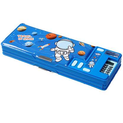 LilyBeauty Multifunction Pencil Case with Calculator, Pencil Sharpener and Curriculum, Multiple Cute Patterns, Suitable for Elementary School Girls, Boys, Great Gifts for Kids (Blue)