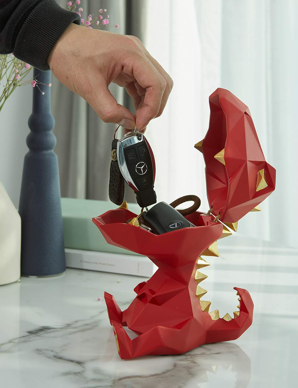 HAUCOZE Dinosaur Candy Dish Cookie Jar Storage Statue Modern Home Decor Sculpture Table Centerpiece Gift for Living Room Red 7.5 Inch