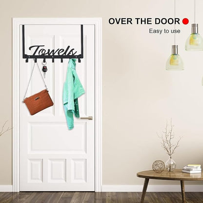 Azmoncy Over The Door Hooks - Heavy Duty Towel Rack with 6 Hooks for Bedroom, Bathroom, Kitchen - Holds Towels, Bags, Coats, Hats - Black