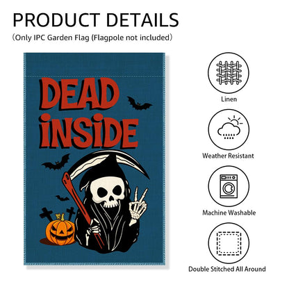 Gkodw Dead Inside Garden Flag, Funny Pumpkin Spooky Yard Flag for Outside, Welcome Autumn Fall Halloween Front Porch Lawn Decoration, Funny Skeleton Peace Sign Home Banner