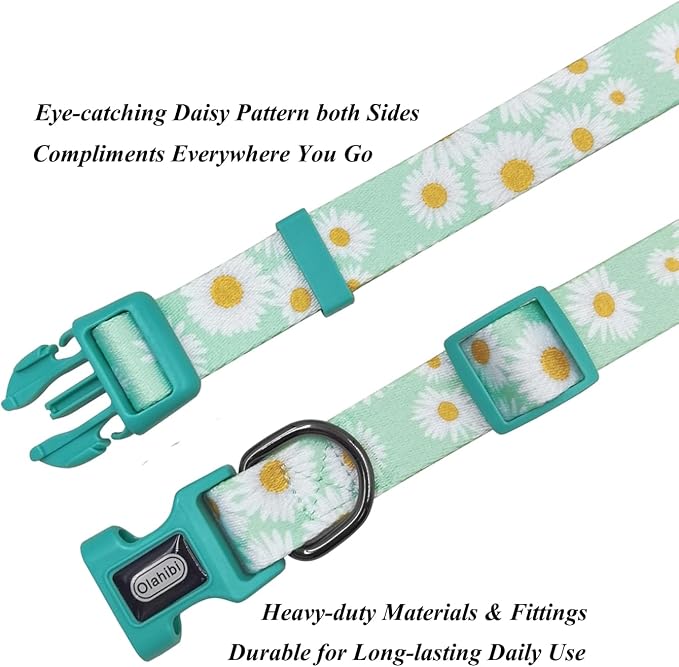 Dog Collar Leash Set, Floral Pattern, Polyester Material, Adjustable Collar and 5ft Matchcing Leash, for Small Dogs.(S, Light Green Daisy)