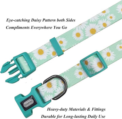 Dog Collar Leash Set, Floral Pattern, Polyester Material, Adjustable Collar and 5ft Matchcing Leash, for Small Dogs.(S, Light Green Daisy)
