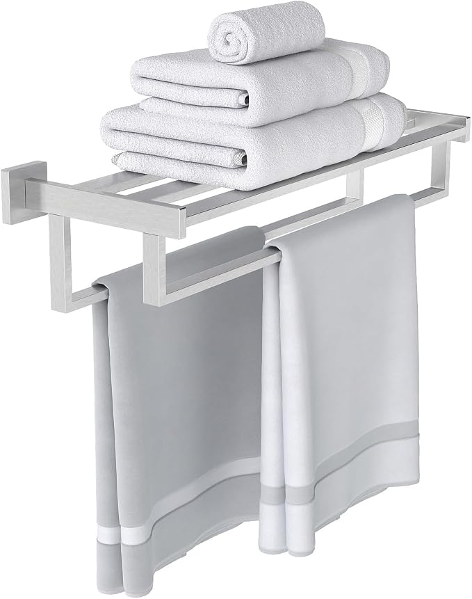 Towel Racks for Bathroom Wall Mounted, 24 Inch Double Towel Bar, Dual Towel Rack with Shelf, Stainless Steel Hand Towel Hanger, Bath Towel Holder for Wall, Brushed Nickel
