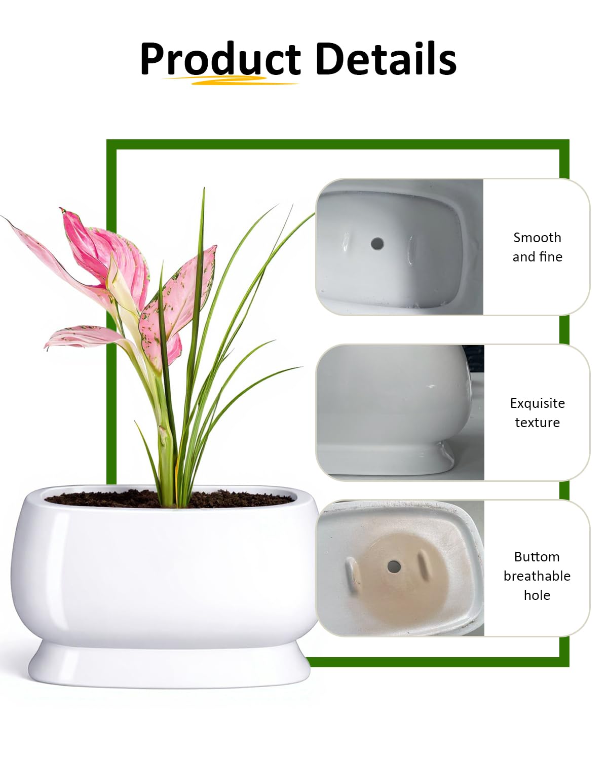 OXART Ceramic Plant pots Indoor Pots Set with Drainage Holes, 11.8+9 inch Flower Pot Rectangle Planters Pots for Plants for Plants Lilies, Cacti, Succulents, and Pothos, No Trays (White-3)