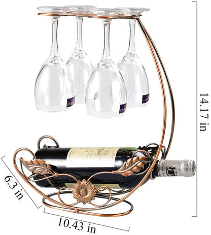 Hongiuia Metal Wine Rack, Tabletop Wine Glass Holder, 1 Bottle+4 Cups Gold