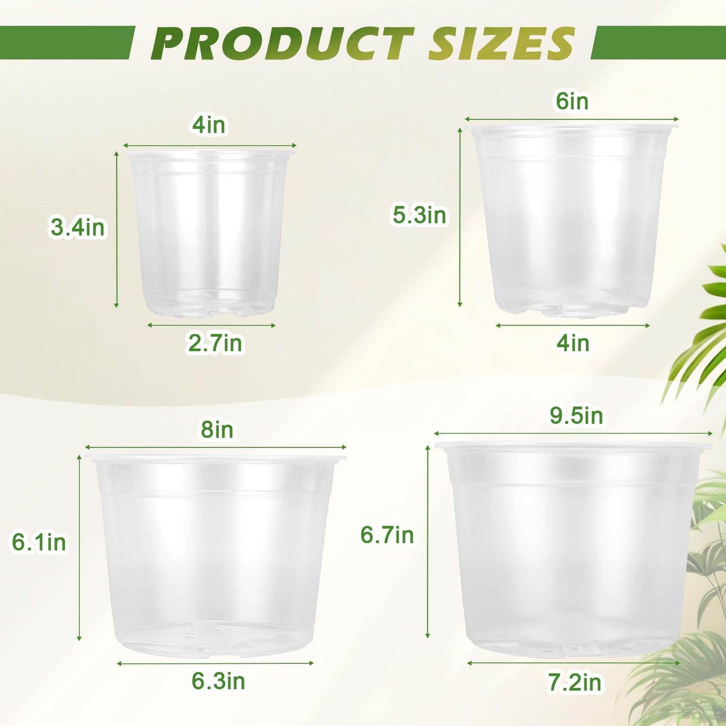 HKKZYT 4/6/8/10 Inch Large Size Clear Nursery Pots for Plants, 16 Pack Plastic Plant Pots with Drainage Holes, Durable Seedling Starter Pot for Succulents Flowers Herb Vegetables