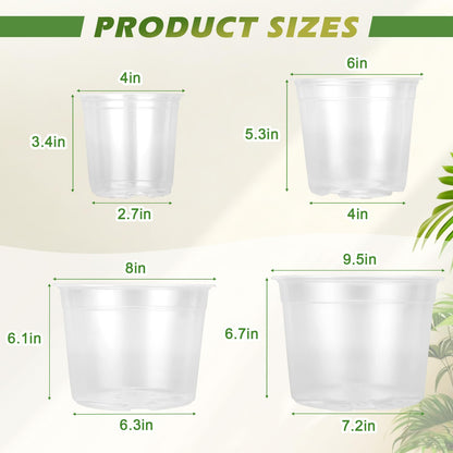 HKKZYT 4/6/8/10 Inch Large Size Clear Nursery Pots for Plants, 16 Pack Plastic Plant Pots with Drainage Holes, Durable Seedling Starter Pot for Succulents Flowers Herb Vegetables