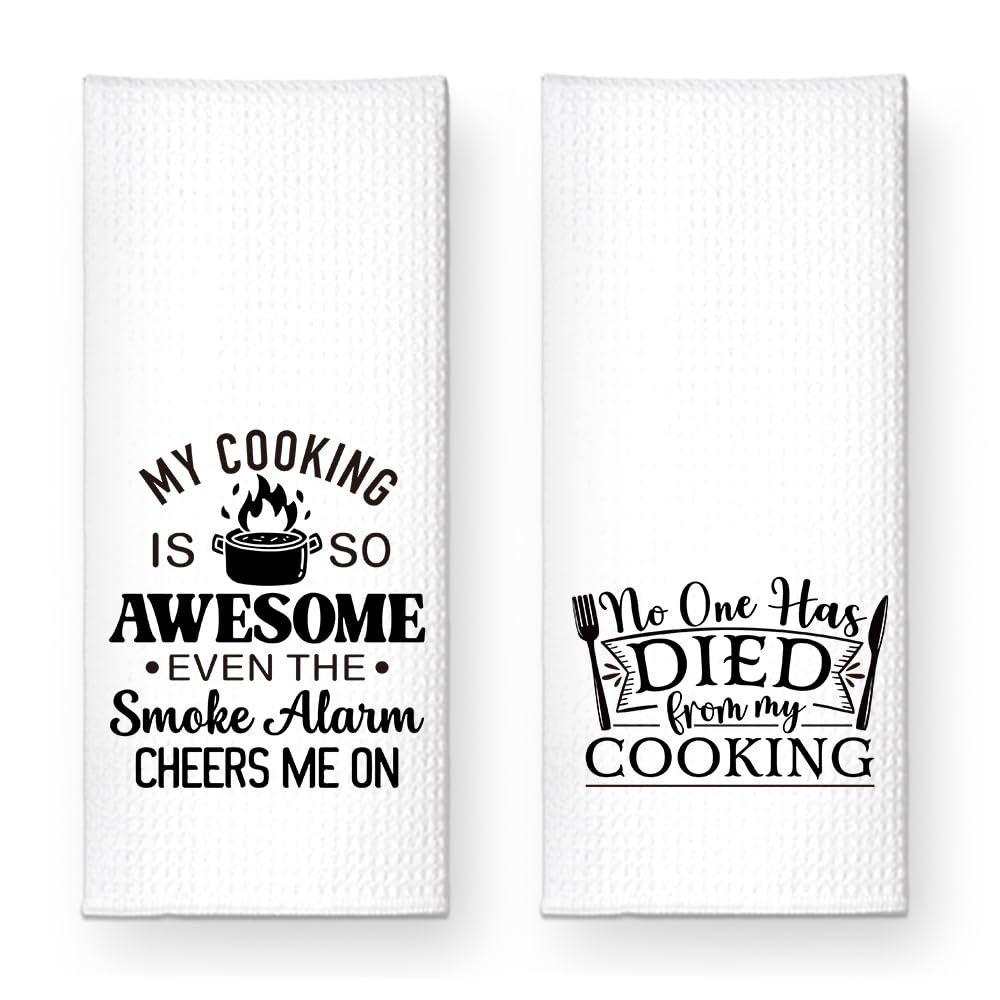 ZBBFSCSB No One Has Died from My Cooking Kitchen Towels 2 Pack, Kitchen Towels Set for Cooking Enthusiasts, Halloween Birthday Gifts for Wife Chefs Cooking Lovers, Fun Dish Towels with Sayings