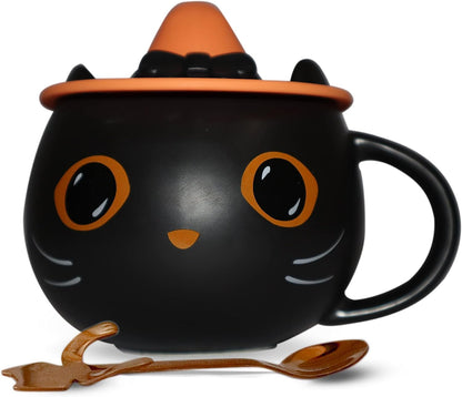 Brewish Cat Mug for Kitty Lovers | Cute Cup with a Witch Hat Lid & an Adorable Spoon | Ceramic Coffee & Tea Mugs | Gift for Cat Mom, Dad, Women, Kids | 12 oz, Black