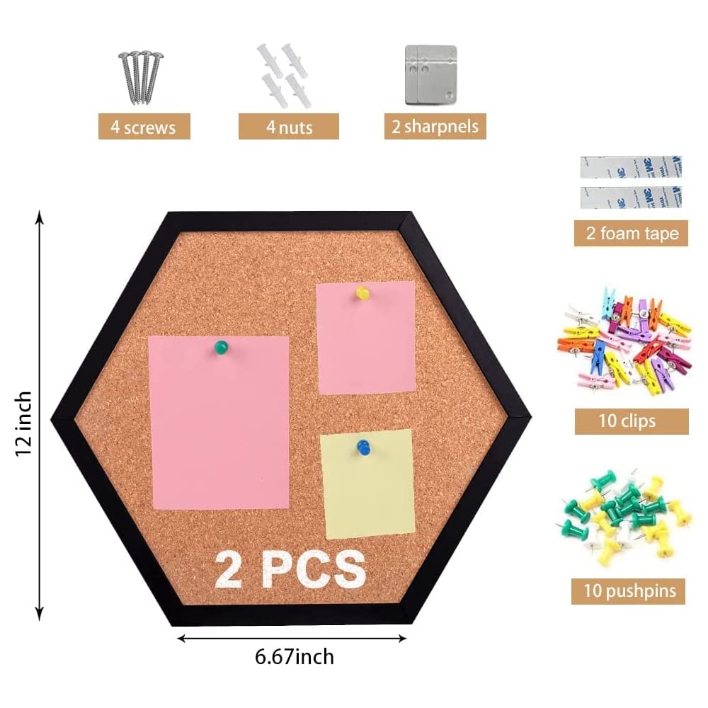 WAYHOUL Cork Bulletin Board for Walls, 1/2" Thick Hexagon Pin Board for Walls with Frame, Black Small Corkboard with 10 Push Pins and 10 Wood Clips, Tack Board for Home Office and School 2Pack