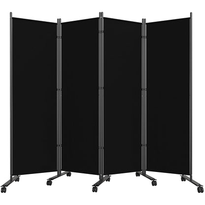 SUNALLY Room Divider 6FT Folding Privacy Screens with Lockable Wheels, 4 Panel Room Partition for Room Separator, 88" W Freestanding Portable Fabric Wall Dividers for Home Dorm Studio Office, Black